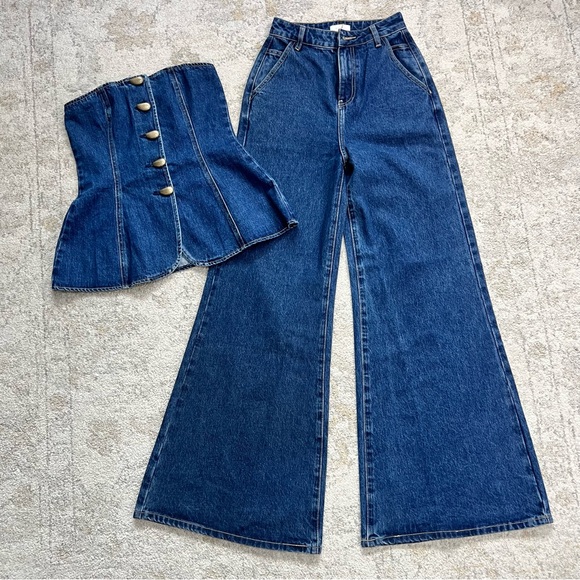 NWT Meshki Lennox Denim Strapless Top & Wide Leg Jeans Set XXS Tall Fit Blue - Picture 2 of 11